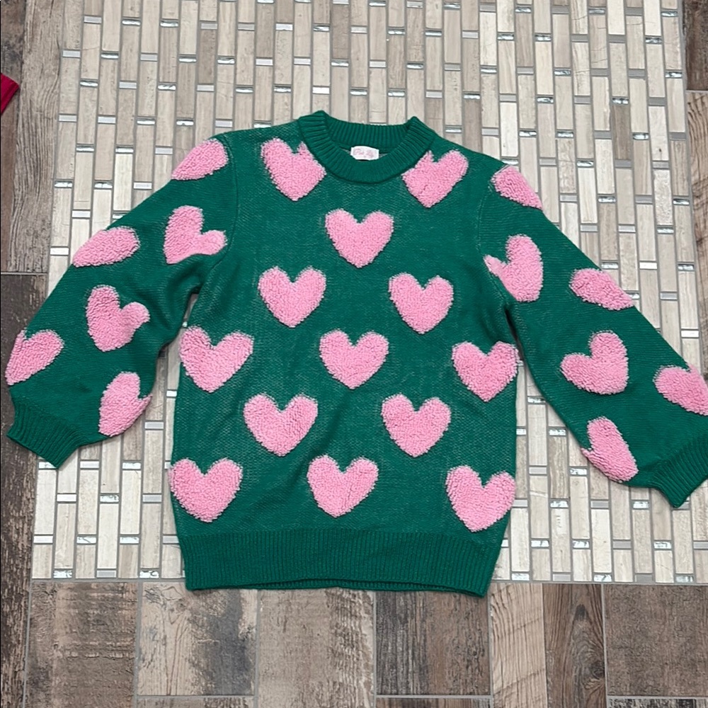 Pink Lily Green and Pink Crew Neck Sweater with Heart Pattern